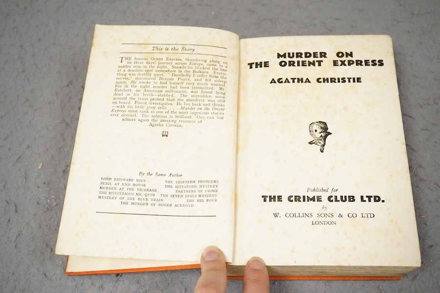 Christie, Agatha - Murder on the Orient Express, 1st edition, original full orange cloth, front board and spine lettered in black, two pages of adverts at end, The Crime Club, London, 1934.